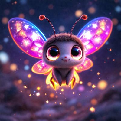 The primary subject of the image is a small, cute, and colorful butterfly. The butterfly is flying in a dark, purple-lit environment, which adds a dramatic and mysterious atmosphere to the scene. The visual style of the image is a digital art or illustration, as it features a detailed and vibrant butterfly with a unique and playful design. The colors and mood of the image are predominantly dark and moody, with the purple lighting creating a sense of
